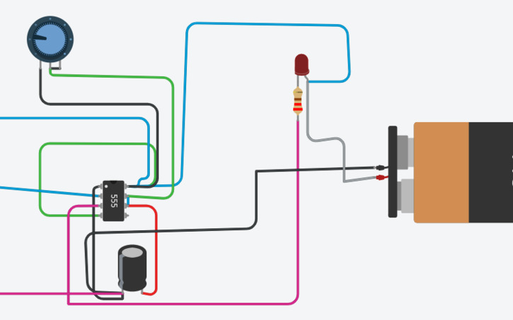 Circuit design using 555 IC timer delay timer circuit - Tinkercad