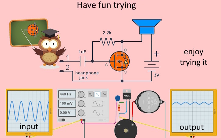 Circuit design simple audio Amplifier with MOSFET - Tinkercad
