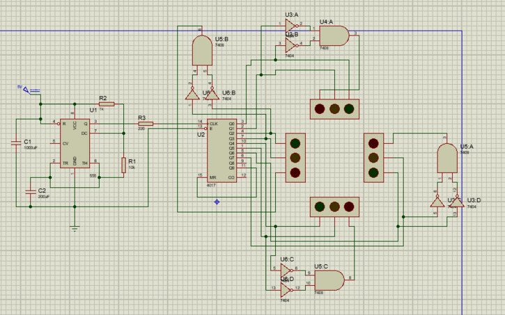 Circuit design 4 way traffic light using 4017 and 555 timer - Tinkercad