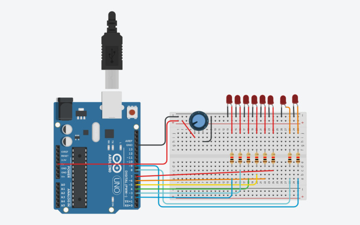 Circuit design LED-chaser mad by burhanuddin - Tinkercad