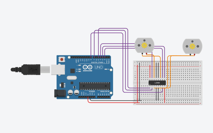 Circuit design 2 x DC Motor with L293D Control - Tinkercad