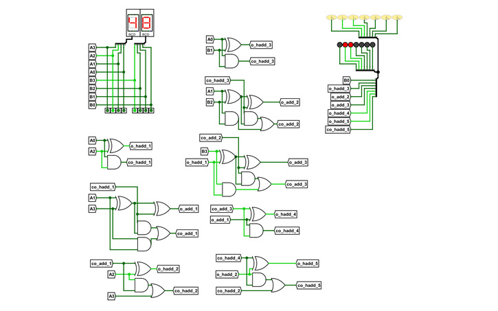 Circuit design 2-digit BCD to 7-bit binary converter - Tinkercad
