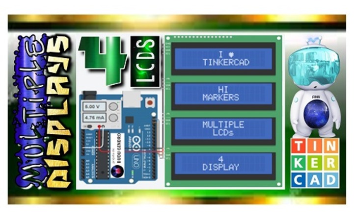 Circuit design MULTIPLE LCDs = 4 DISPLAYs - Tinkercad