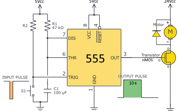Monostable Circuit Using 555 Using Rcad Software Circuit design Monostable 555 drives Higher Loads - Tinkercad