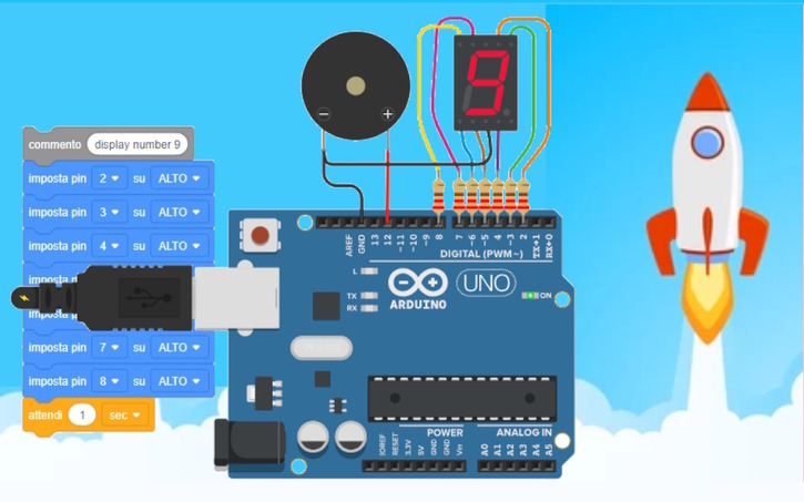 Circuit design Countdown with 7 segment Display [block code] - Tinkercad