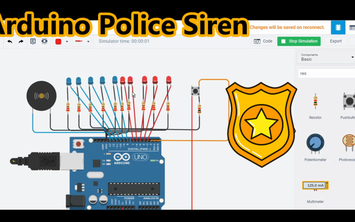 Circuit design Arduino Police Siren - Tinkercad