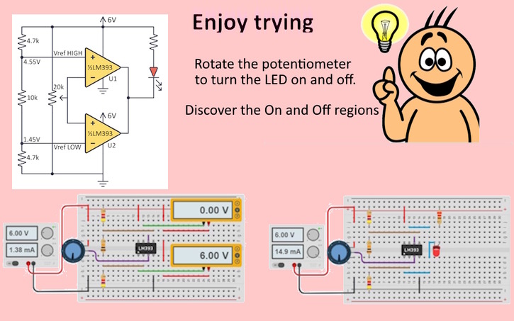 Lm393d Window Comparator Circuit Circuit design Window Comparator based on LM393 - Tinkercad