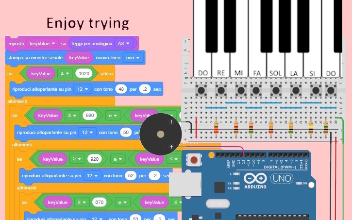 Circuit design 8-key piano [block code] - Tinkercad