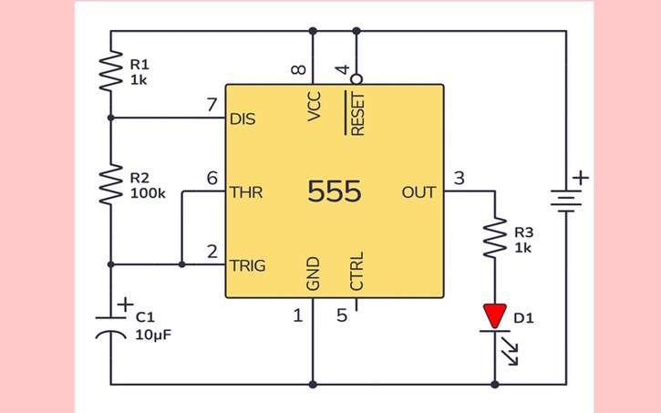 Circuit design astable 555 drives flashing LED - Tinkercad