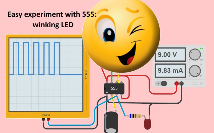 Circuit design astable 555 drives flashing LED - Tinkercad