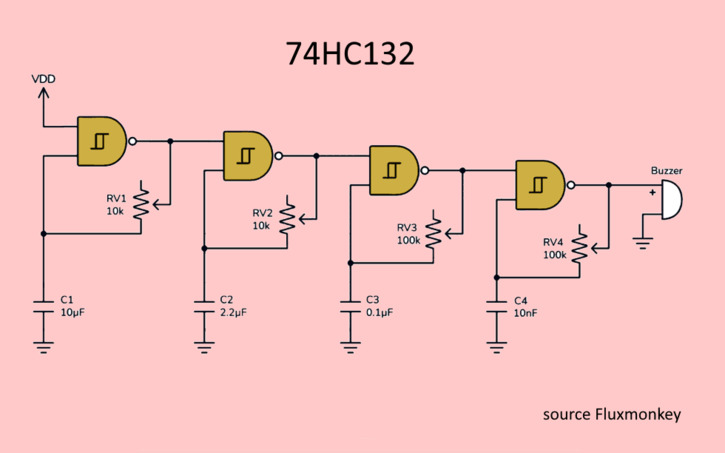 Circuit design 74HC132 as a MultiOscillator - Tinkercad