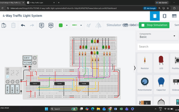 Circuit design 4-Way Traffic Light System - Tinkercad